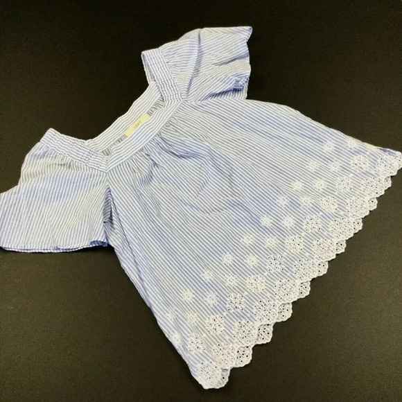 LOFT Womens Light Blue White Striped Embroidered Eyelet Square Neck Blouse Small - Picture 3 of 9